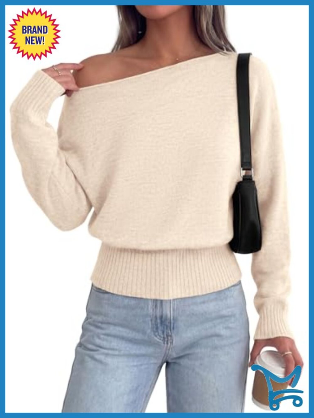 Off Shoulder Sweater Women Asymmetrical Neck Ribbed Waist Fall Pullover